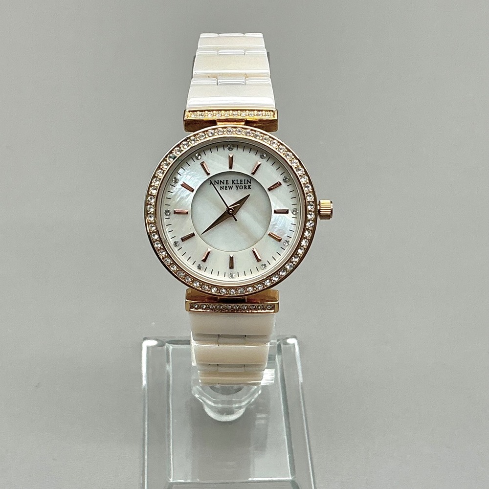 Anne Klein Watch Women 121/2274 White Ceramic MOP Crystal 36mm 7.25" NEW BATTERY